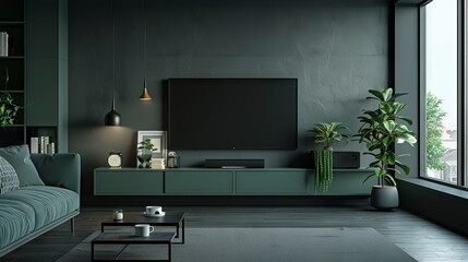 Interior mock up black style living room. cabinet for TV or place object in modern living room with lamp and table
