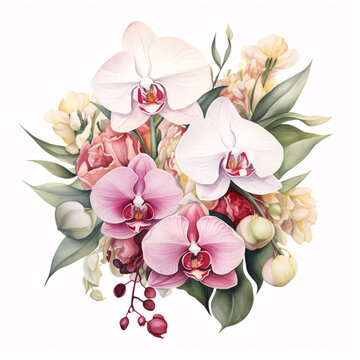 watercolor orchids bouquet, pink and white flowers clip art preview