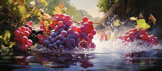 Bunch of grapes floating in water, depicted in a painting