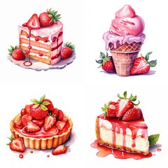 clipart set of strawberry cake cheesecake pie ice cream isolated on white - obrazy, fototapety, plakaty