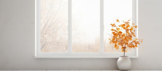 Window with a plant pot and foliage seen through it