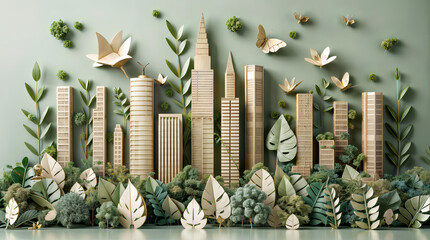 An artistic representation of a cityscape crafted in a unique paper art style, featuring stylized white flowers and foliage against a serene green background - obrazy, fototapety, plakaty