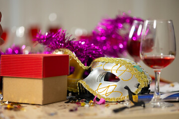 background and banner - mask and wine glasses. gift box wine glass mask background