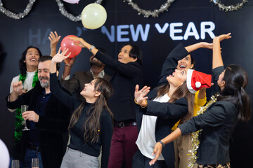 Business new year party and success celebration - Group of diverse business people colleagues or employees dance Applause clapping at event party. achievement