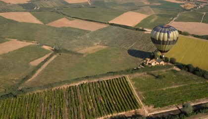 A hot air balloon ride over a patchwork of vineyar upscaled 4 - obrazy, fototapety, plakaty