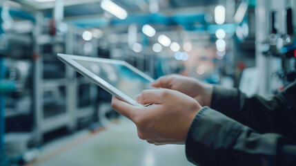 A person is holding a tablet in a factory setting. The tablet is displaying a blue screen with a few lines of text. Concept of technology and productivity in a modern industrial environment