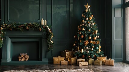 Modern christmas tree with golden noble luxurious baubles and presents on floor