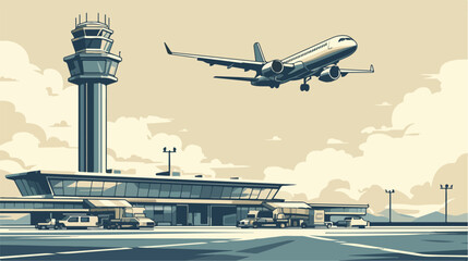 Airport Terminal building with aircraft taking off.