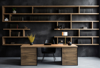 black minimalist office bookshelf The walls are-AI generated image - obrazy, fototapety, plakaty