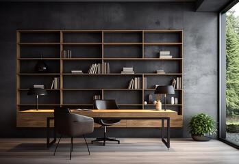 black minimalist office bookshelf The walls are-AI generated image