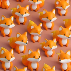 Foto op Canvas A group of orange foxes are sitting on a yellow background. The foxes are all different sizes and are arranged in a pattern. Scene is playful and whimsical. Generative AI © Keattipoom