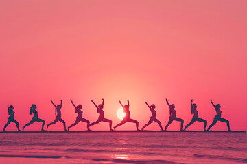 A line of diverse people in warrior pose, overlooking a sunrise, isolated on a unity pink background, for International Yoga Day 