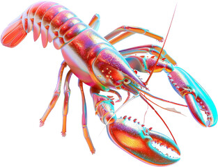 A realistic 3D rendering of a lobster, meticulously detailed, poised against a stark transparent backdrop.