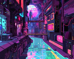 Craft a pixel art masterpiece depicting a surreal futuristic world where the boundaries of reality are fluid, featuring neon lights and abstract shapes merging seamlessly - obrazy, fototapety, plakaty