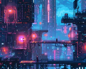 Foto op Plexiglas Craft a pixel art masterpiece depicting a surreal futuristic world where the boundaries of reality are fluid, featuring neon lights and abstract shapes merging seamlessly © NeeArtwork