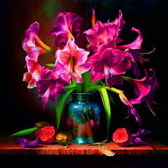 Floral mixed media artwork amaryllis still life imagine an oil painting that depicts a still life - obrazy, fototapety, plakaty