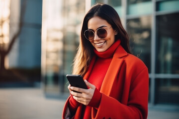 Young woman in winter wear using smartphone