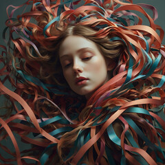 portrait of a lady person with dreamlike scenes with twist and twirl satin ribbons eye closed