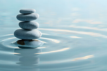 Fototapeta na wymiar A series of stones in water creating ripples, with each stone representing a yoga pose, isolated on a tranquil meditation blue background for International Yoga Day 