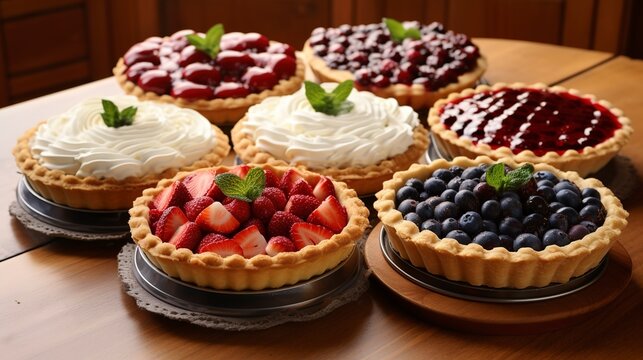 Pies and Tarts: Fruit pies, cream tarts, and savory options for dessert or main courses. 