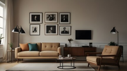 Retro living room interior with beige sofa against white wall with posters and black lamp.generative.ai