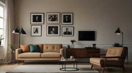 Fototapeta premium Retro living room interior with beige sofa against white wall with posters and black lamp.generative.ai