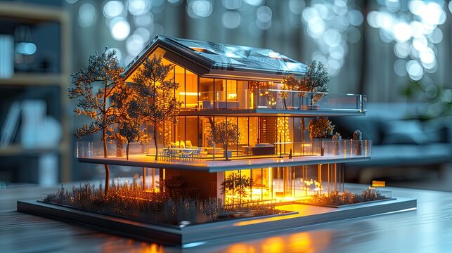 Miniature house model on table Real estate investment property insurance mortgage home loan and savings concept Buying or building new home Dream house financial planning AI generated image