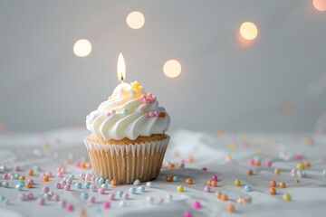 Single Cupcake With Lit Candle Celebrating a Birthday in a Softly Lit White Sheet Setting - obrazy, fototapety, plakaty