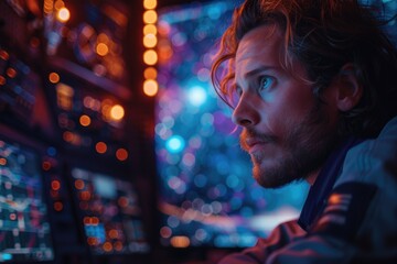 An engrossed male technician with glasses peers at a screen, displaying vibrant galactic imagery, in a room filled with bokeh of reds and blues. - obrazy, fototapety, plakaty