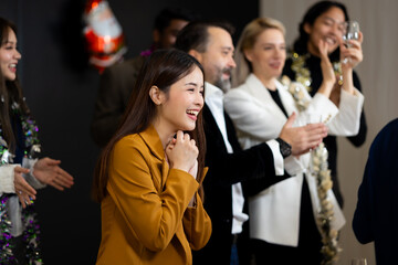 congratulate to achievement - Happy asian woman employees very happy to receive the Outstanding...
