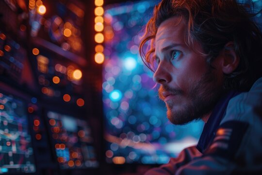 An engrossed male technician with glasses peers at a screen, displaying vibrant galactic imagery, in a room filled with bokeh of reds and blues.