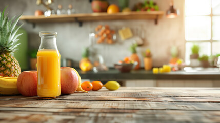 A glass of orange juice sits on a wooden cutting board next to a variety of fruits, including oranges, kiwis, and grapes
