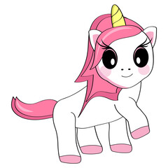 A cute smiling cartoon unicorn stands with its hoof raised. Sticker, postcard.