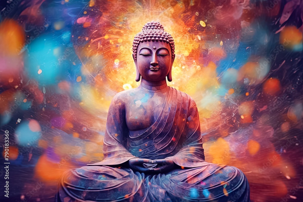 Wall mural a buddha monk statue exudes serenity, bathed in the radiant light of the universe's eternal cycles, 