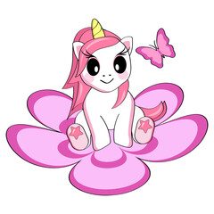 Cute smiling cartoon unicorn sitting on a big flower. Sticker, postcard.
