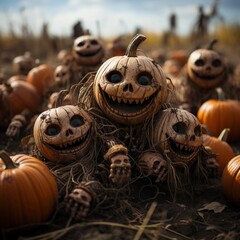 In autumn a haunted pumpkin patch where the pumpkins carve humorous faces on themselves - obrazy, fototapety, plakaty