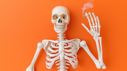 A skeletal figure is depicted smoking a cigarette against a vibrant orange background, the smoke swirling around it.