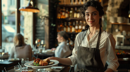 Young smiling waitress in uniform holding a plate with food at a restaurant