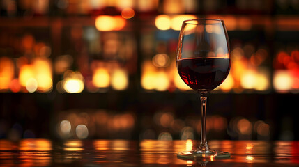 A glass of red wine is sitting on a bar counter. The bar is dimly lit, creating a cozy atmosphere