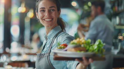 Young smiling waitress in uniform holding a plate with food at a restaurant