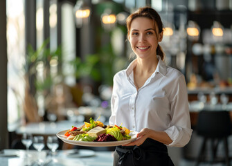 Young smiling waitress in uniform holding a plate with food at a restaurant