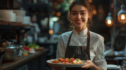 Young smiling waitress in uniform holding a plate with food at a restaurant