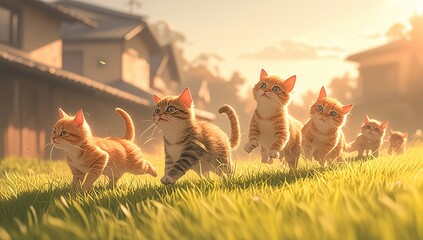 Fototapeta premium A group of cute orange cats running on the grass, with one cat chasing after another.