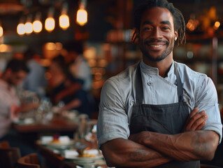 Portrait of a smiling young man wearing an apron standing