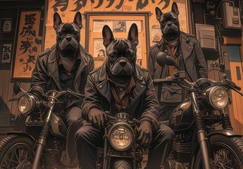 Foto op Aluminium A group of dogs dressed as gang members, wearing leather jackets and biker hats with goggles, sitting on their motorbikes in the street.  © Photo And Art Panda