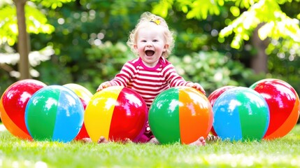 A curly-haired smiling little girl sits in the grass surrounded by colorful balls and enjoys playing outdoors. Happy childhood