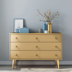 Wooden cabinet with drawers on a pastel wall. Concept of interior desing, bedroom, furniture made of wood, mock up