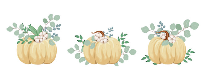 A set of ripe pumpkins with cotton flowers on a white background. Cartoon vector graphics. Autumn illustration.

