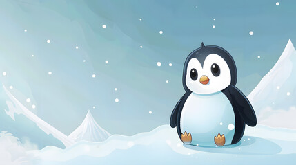 Cute Pinguin illustration, Penguin sitting on ice in cold polar winter, Carton art