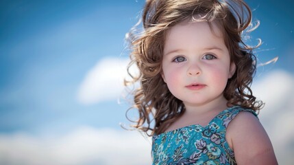 Curly smiling little girl stands against blue sky with copy space outdoors on a sunny day.